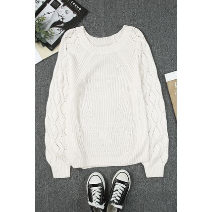 White Hollow-out Puffy Sleeve Knit Sweater