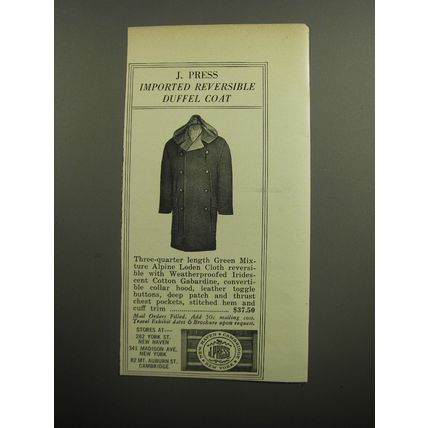 1957 J. Press Coat Ad - J. Press Imported reversible duffel coat