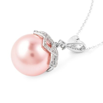 Haliotis Asinina Pink Pearl & Zircon Pendant & 18" Chain Rhodium on 925 Silver