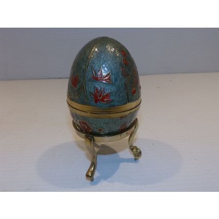 Vintage Brass Enamel Cloisonne Egg w/ Gatco Stand Trinket Box
