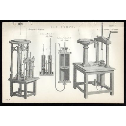 AIR PUMPS 1883 Hawksbee Smeaton VICTORIAN LITHOGRAPH #2