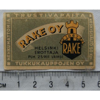 vintage Finland Matchbox Label - Rake Oy