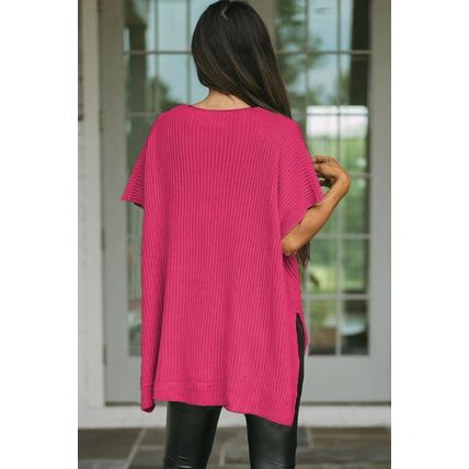 Rose Red Short Sleeve Side Slit Oversized Sweater