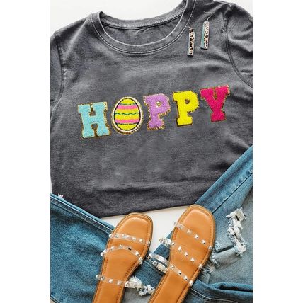 Gray Easter Egg HOPPY Chenille Patched Pattern T Shirt