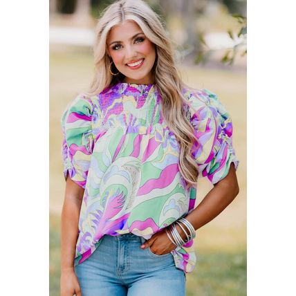 Green Abstract Print Bubble Sleeve Smock Detail Blouse