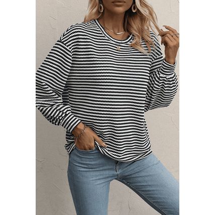 Black Stripe Round Neck Drop Shoulder Long Sleeve Top