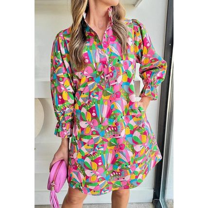 Pink Abstract Printed Lantern Sleeve Buttoned Mini Dress