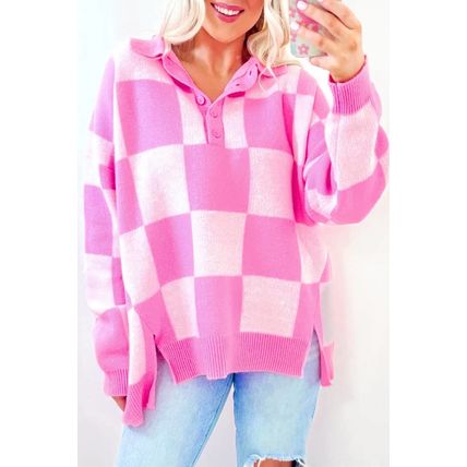 Pink Checkerboard Half Button Collared Drop Shoulder Sweater