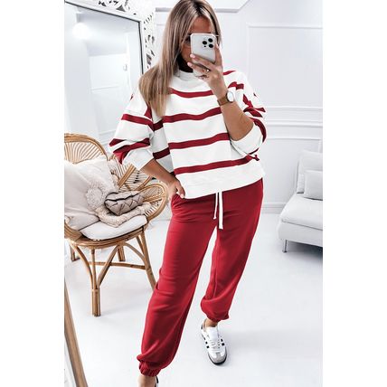 Red Stripe Drop Shoulder Pullover and Jogger Pants Set