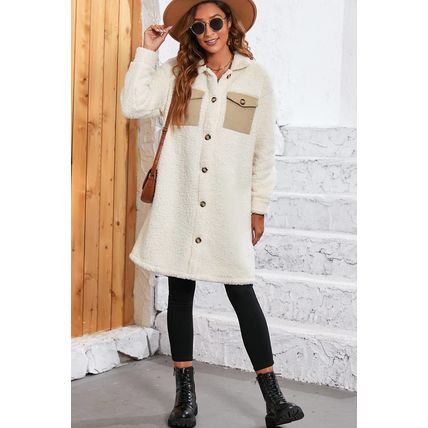 Beige Contrast Flap Pocket Single Breasted Teddy Coat