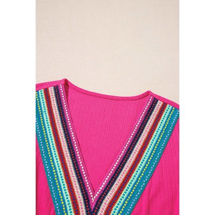 Rose Red Colorful Crochet V Neck Textured Tiered Ruffled Long Sleeve Mini Dress