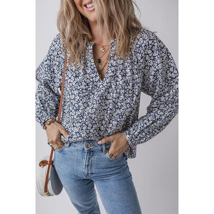 Blue Floral Print Notched V Neck Puff Sleeve Blouse