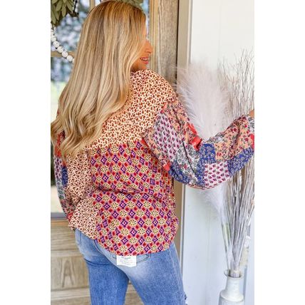 Orange Floral Geometric Patchwork Lace-up Crewneck Plus Size Blouse
