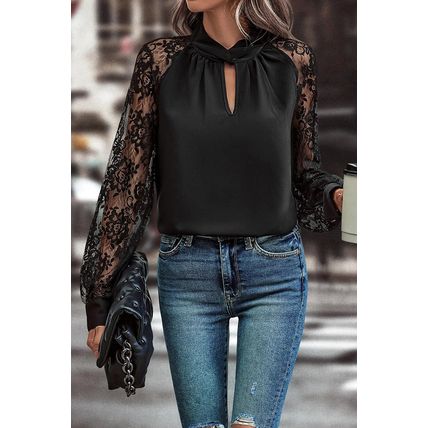 Black Keyhole Neckline Floral Lace Raglan Sleeve Blouse