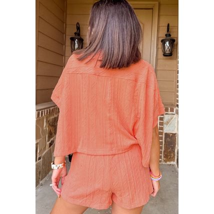Pale Chestnut Textured Patched Pocket Short Sleeve Top Drawstring Shorts Set
