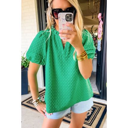 Bright Green Textured Puff Short Sleeve Notched V Neck Top