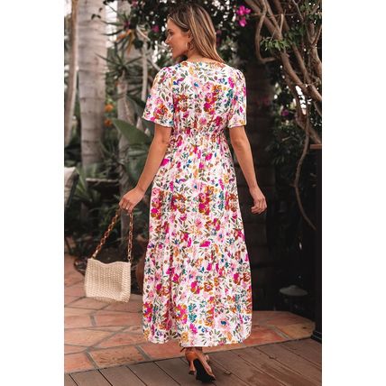 Red Floral Short Sleeve V Neck High Waist Maxi Dress