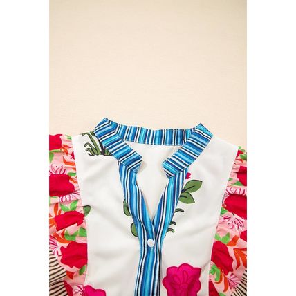 Pink Floral Print Tie Neck Striped Detail Flutter Sleeve Blouse