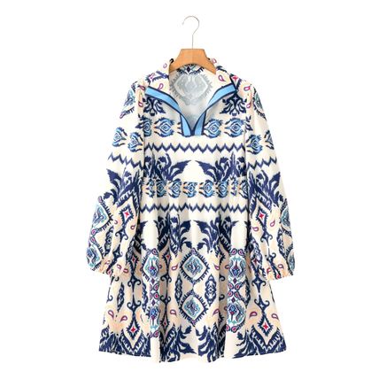 Blue Ethnic Print Striped Split Neck Long Sleeve Flowy Mini Dress