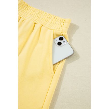 Yellow Color Block Patchwork Half Button Pullover and Shorts 2pcs Outfit