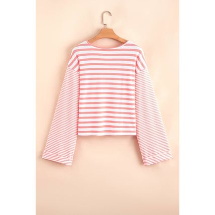 Pink Stripe Textured Contrast Dropped Long Sleeve Top