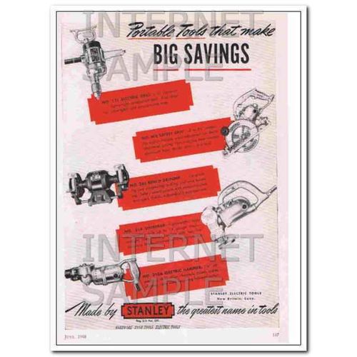 STANLEY ELECTRIC TOOLS 1948 Portable Tools Big Savings vintage ad