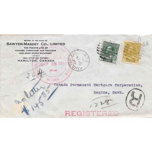 Canada Admiral REGISTERED 1916, Hamilton #SO9 ONT to Regina Sask