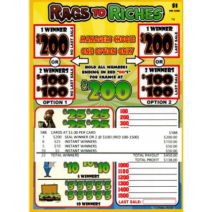 Pull Tabs break-open 1W Tickets set of 588 ct games- RAGS TO RICHES