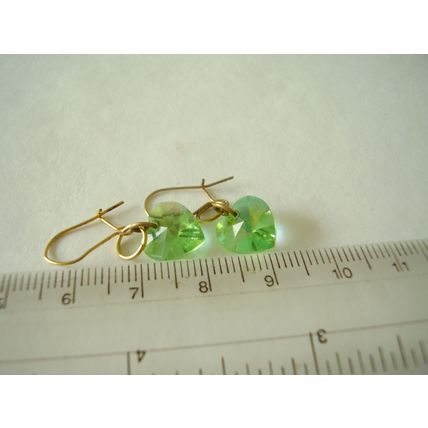 Vintage Earrings Green Aurora Borealis Crystal Heart Dangle Retro Pierced Drops