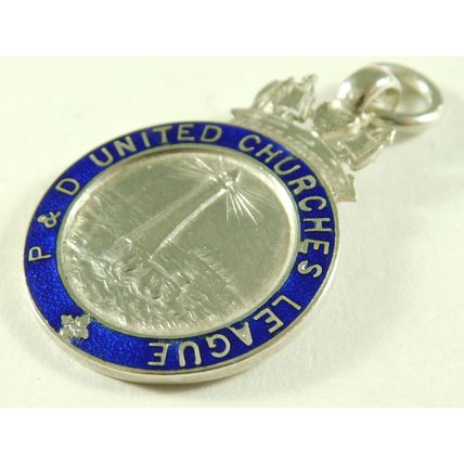 Vintage Solid Silver Enamel Fob Or Medal Plymouth Devon United Churches CRU