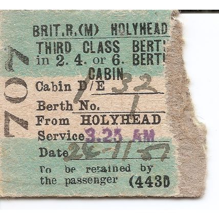 B.R. Edmondson Cabin/Berth Ticket - Holyhead to Dun Laoghaire