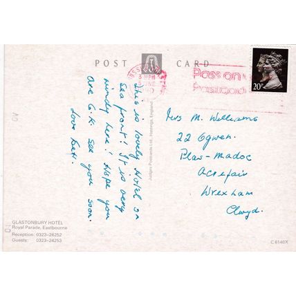 Eastbourne Glastonbury Hotel Sussex Postcard Posted 1990 crease