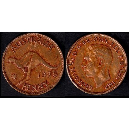 Australia One Penny 1938 Used Coin 1d Geo VI Kangaroo