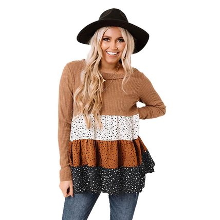Brown Ribbed Long Sleeve Dotted Tiered Ruffled Flowy Top