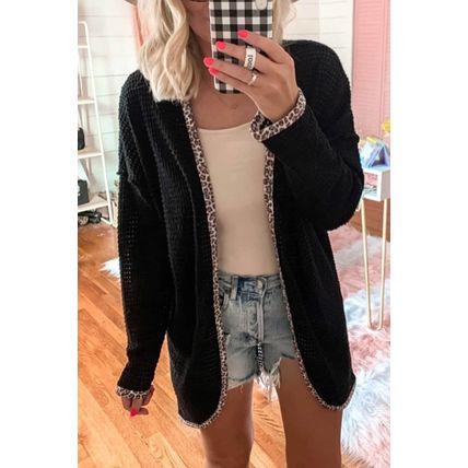 Black Leopard Contrast Waffle Knit Open Front Cardigan