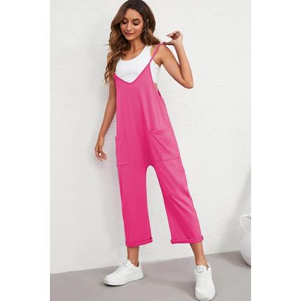 Rose Red Black Pocketed Adjustable Spaghetti Strap Straight Leg Jumpsuit