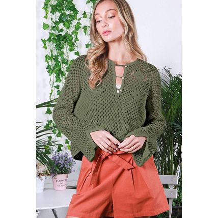 Vineyard Green Open Knit Buttoned Neck Split Sleeve Sweater