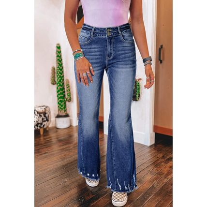 Sail Blue High Rise Dual Button Distressed Raw Hem Flared Jeans