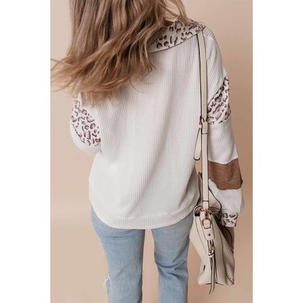 White Leopard Patchwork Turn-down Collar Waffle Top
