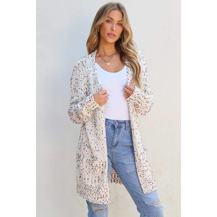White Confetti Rib Knit Long Sleeve Cardigan