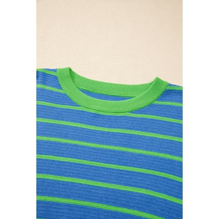 Sky Blue Stripe Trimmed Round Neck Drop Shoulder Loose Sweater