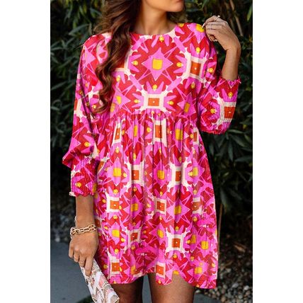 Strawberry Pink Geometric Print Smocked Long Sleeve Mini Dress