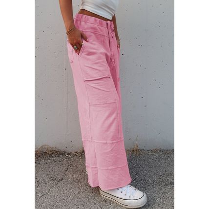 Bonbon Mineral Wash Exposed Seam Drawstring High Waist Wide Leg Cargo Pants