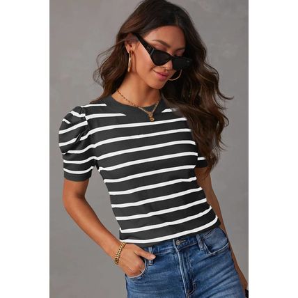 White Stripe Ribbed Trim Round Neck Bubble Sleeve Knitted Top