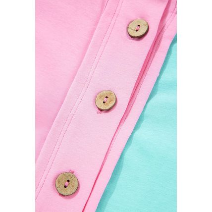 Mint Green Colorblock Patchwork Short Sleeve Buttons Plus Size Henley Top