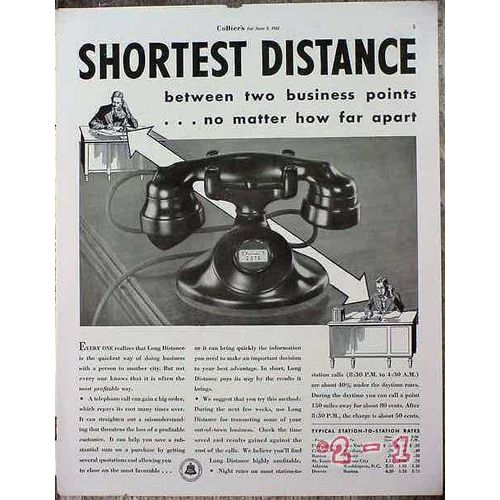 ATT TELEPHONE 1934 ATT Shortest Distance phone rates vintage ad