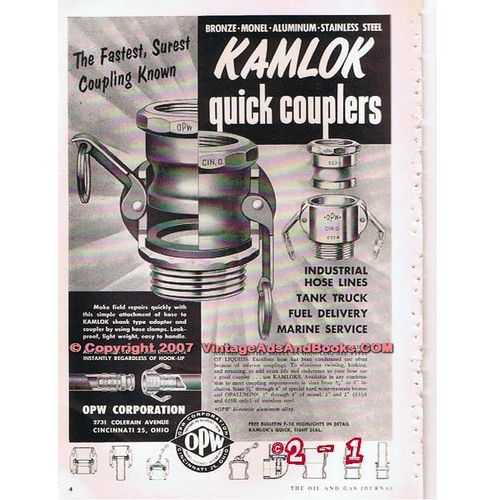 OPW CORPORATION 1955 KAMLOK quick couplers vintage ad
