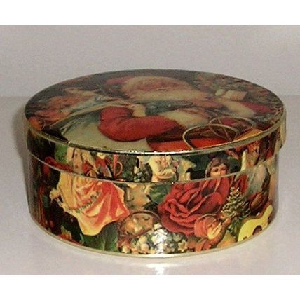 Decoupage Round Cardboard Gift Box with Victorian Santa Christmas display