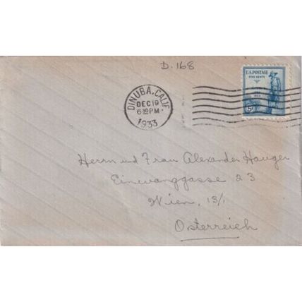 United States 1933 Dinuba CAL-Wien Austria Cover Dinuba cancel written VGC