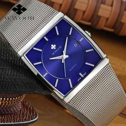 Gents Blue Thin Square Face Date Silver Stainless Steel Milanese Strap Watch